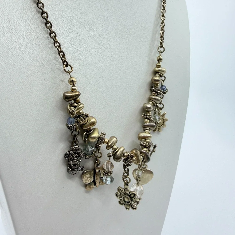 Vintage Silver Tone Multi Charm Necklace Sun Heart Butterfly Celestial Bead Boho